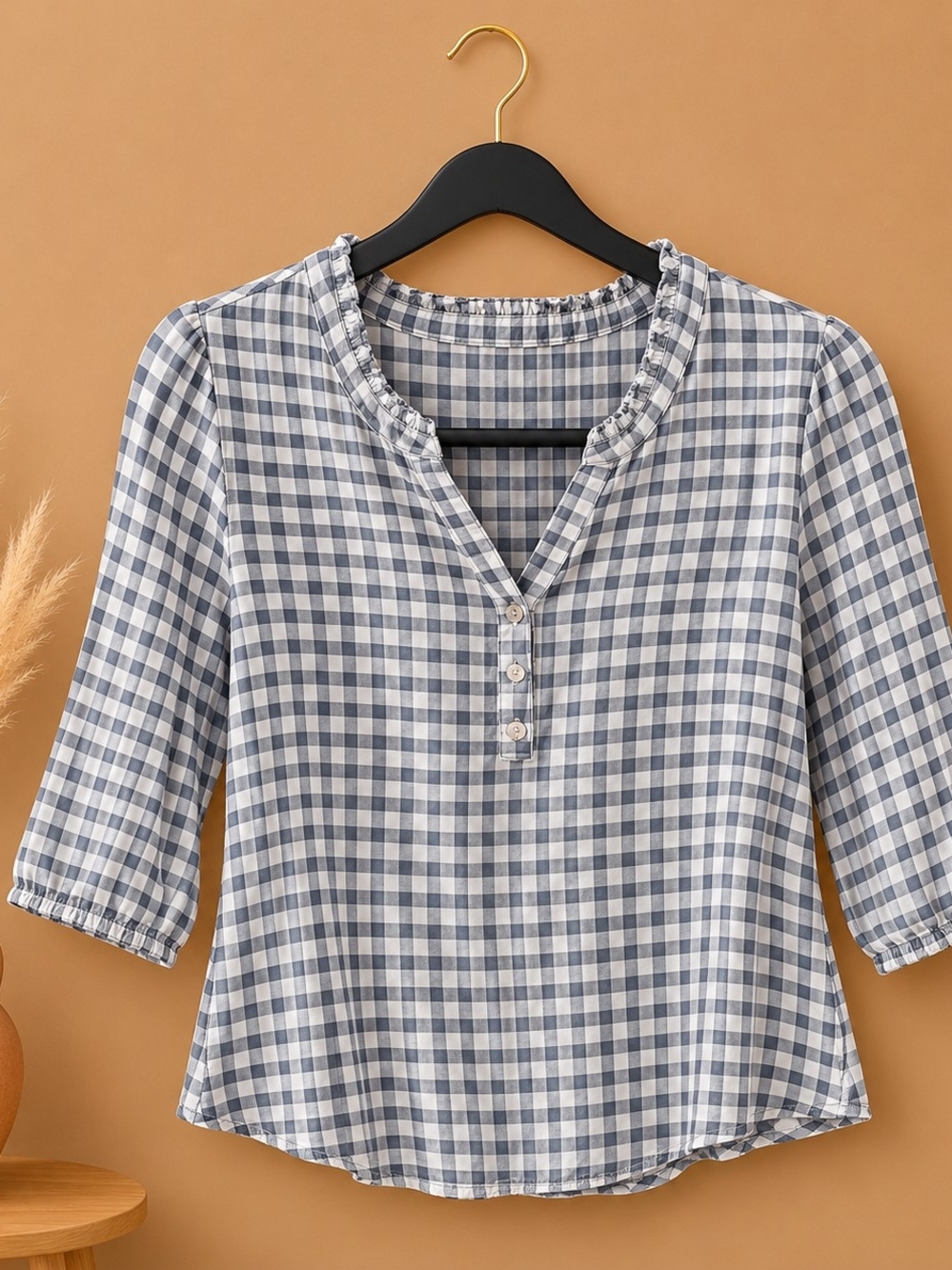 Blue Gingham Ruffle Henley Top - Women